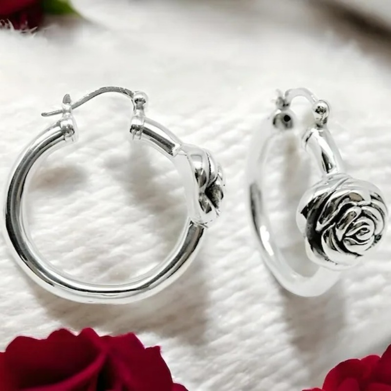 Women's Silvery 3D Rose Flower Stud Hoop Earrings, Minimalist Design